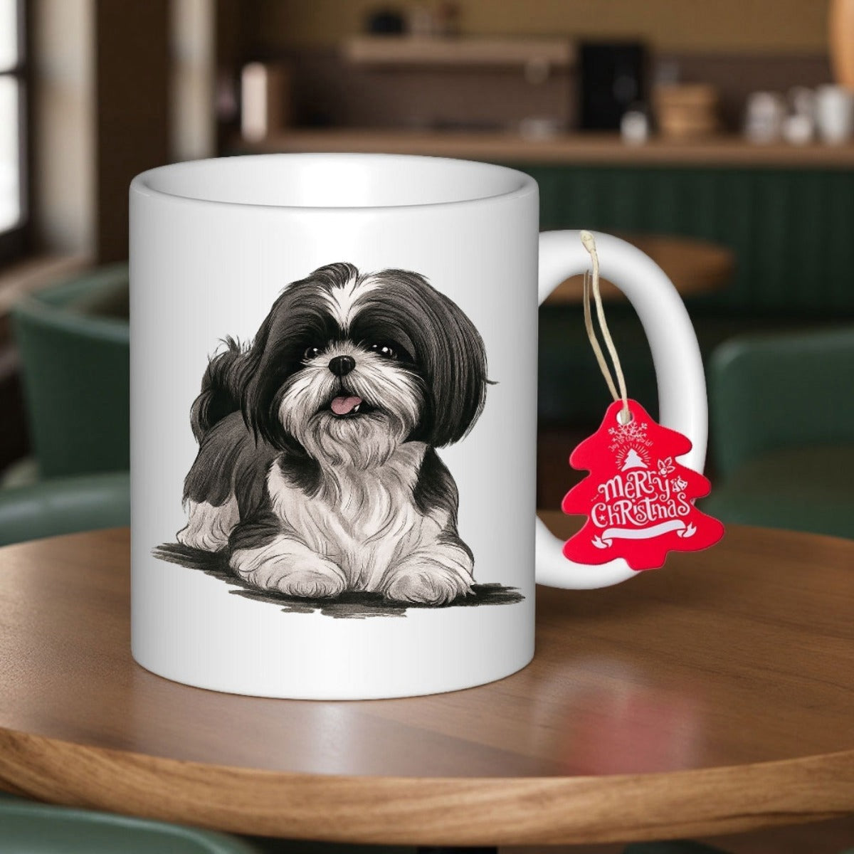 Tailorly White Ceramic 11 oz Mug - Merry Christmas Adorable Fluffy Black And White Shih Tzu Resting Peacefully Dog