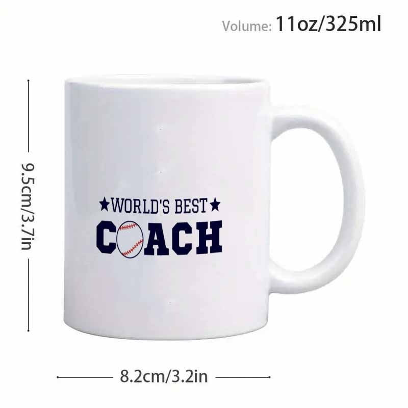 Tailorly White Ceramic 11 oz Mug - Worlds Best Coach Featuring Navy Blue Collegiate Letters And Small Round Sporty Baseball