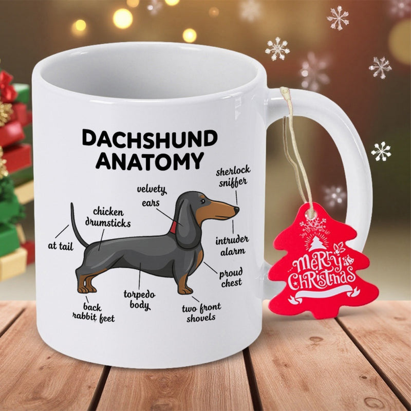 Tailorly White Ceramic 11 oz Mug - Dachshund Anatomy Detailed Humorous Anatomical Diagram Of A Small Black And Tan Dachshund