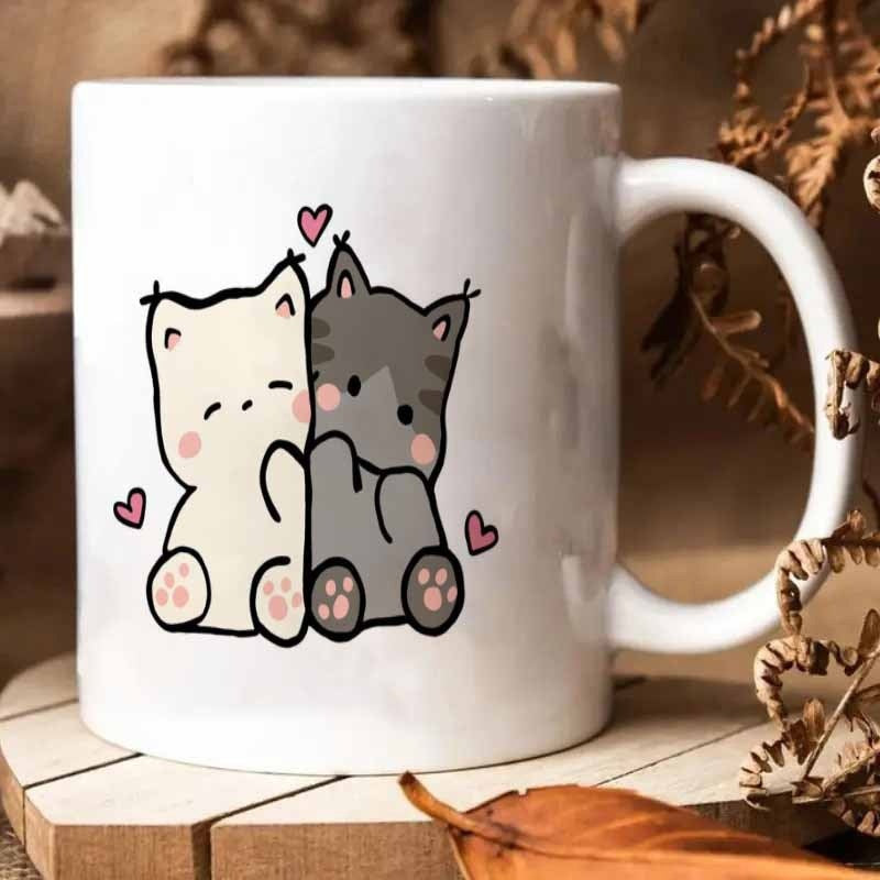 Tailorly White Ceramic 11 oz Mug - Two Adorable Cartoon Kittens Sitting Together Surrounded By Pink Hearts Cat