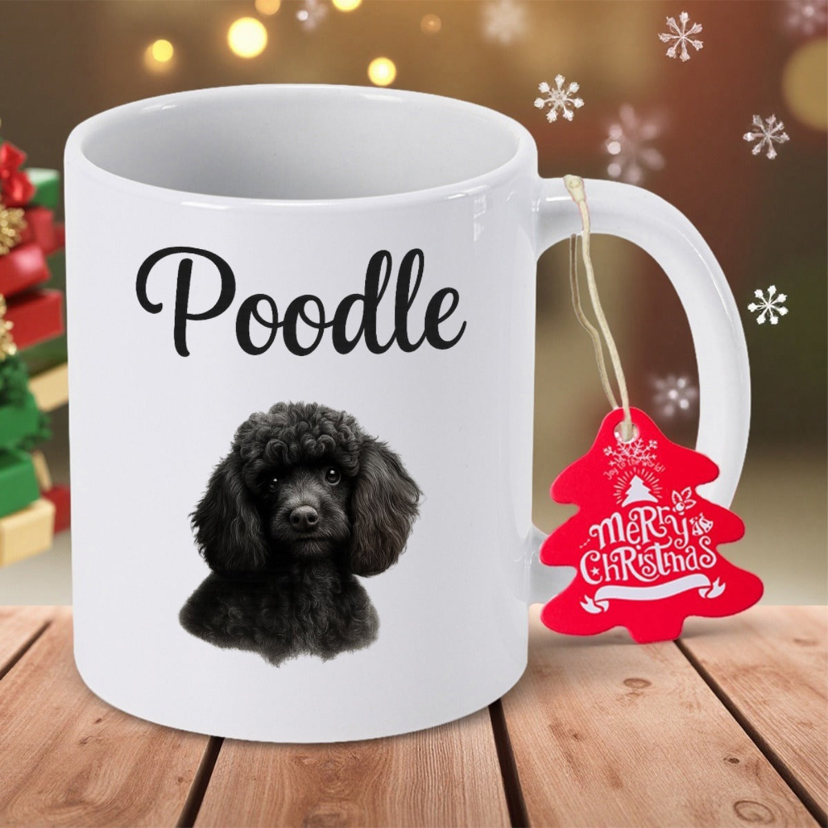 Tailorly White Ceramic 11 oz Mug - Poodle Elegant Curly Black Fur Portrait Of A Domestic Pet Dog Poodle