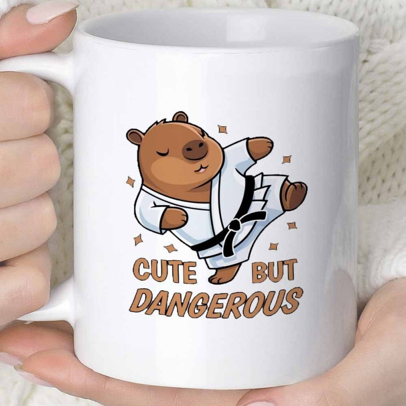 Tailorly White Ceramic 11 oz Mug - Cute But Dangerous Martial Arts Master In White Karate Gi Performing Kick Capybara