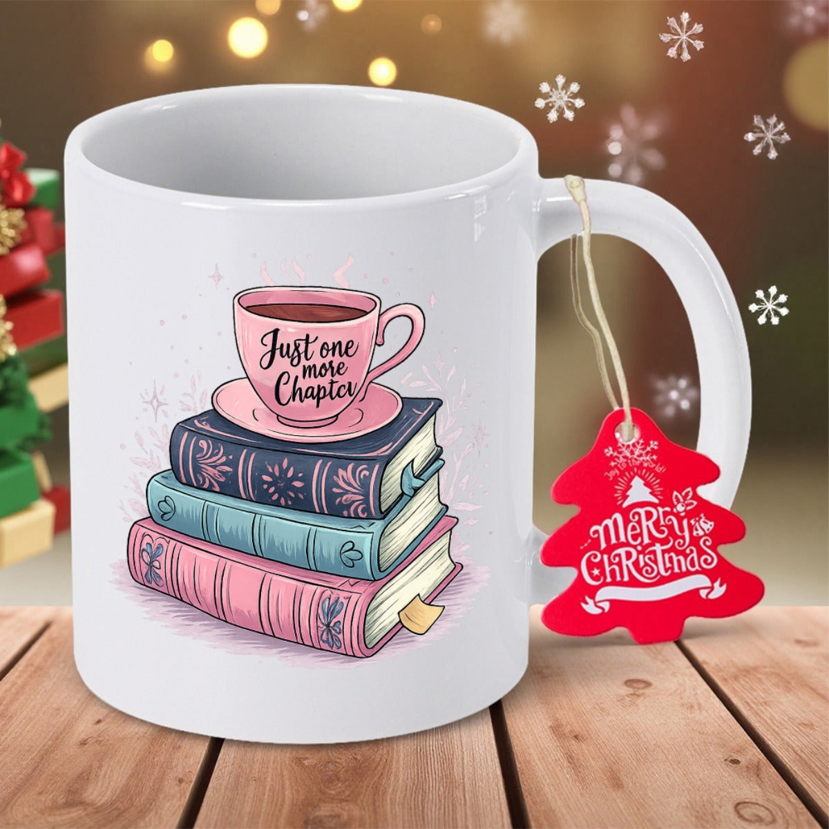 Tailorly White Ceramic 11 oz Mug - Just One More Chapter Merry Christmas Hand Drawn Books Stacked Beneath A Pretty Pink Cup