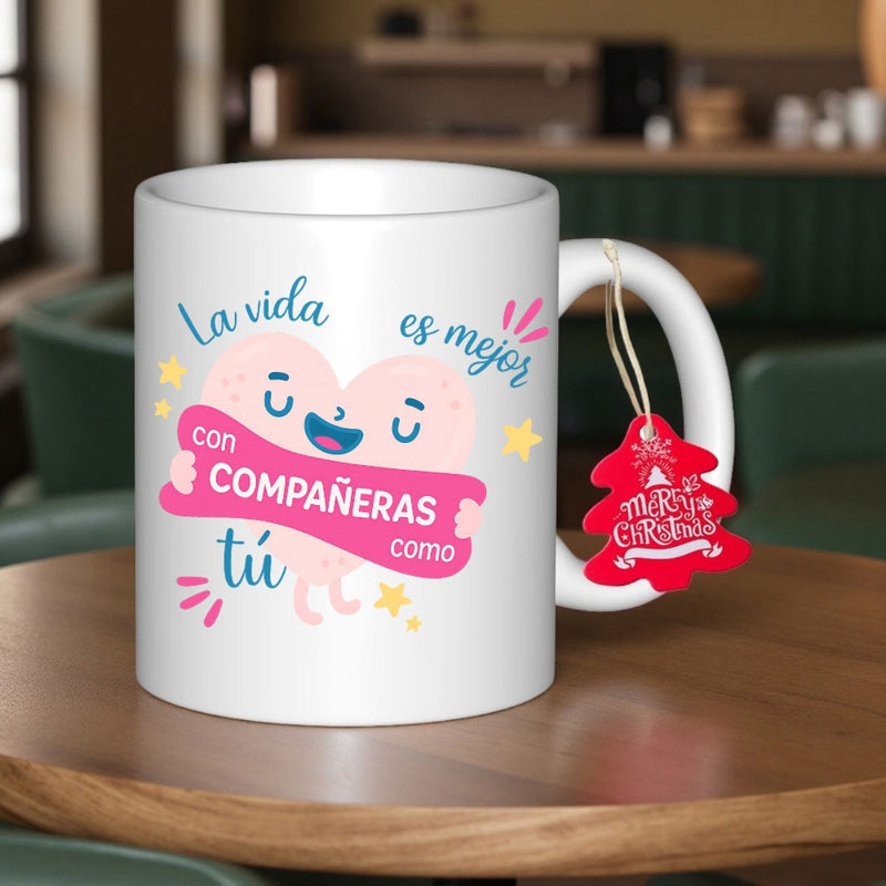 Tailorly White Ceramic 11 oz Mug - Merry Christmas Smiling Pink Heart Character Holding Banner Surrounded By Colorful Little Stars Heart
