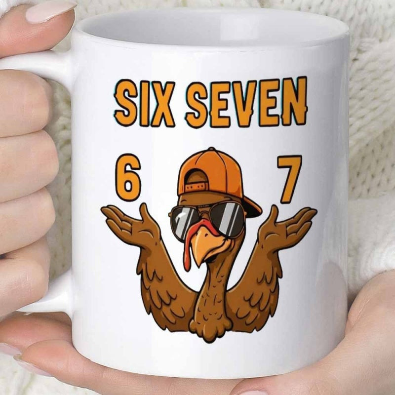 Tailorly White Ceramic 11 oz Mug - Six Seven 6 7 Cool Cartoon Character Wearing Hat And Shades Shrugging Wings Turkey