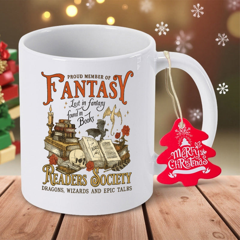 Tailorly White Ceramic 11 oz Mug - Proud Member Of Fantasy Readers Society Lost In Fantasy Found In Books Dragons Wizards And Epic Tales Vintage Stacked Literature
