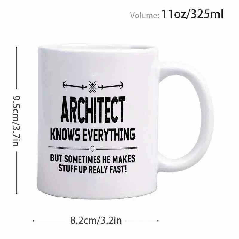 Tailorly White Ceramic 11 oz Mug - Architect Knows Everything But Sometimes He Makes Stuff Up Realy Fast Minimalist Black Ink Architectural Symbols On A Smooth