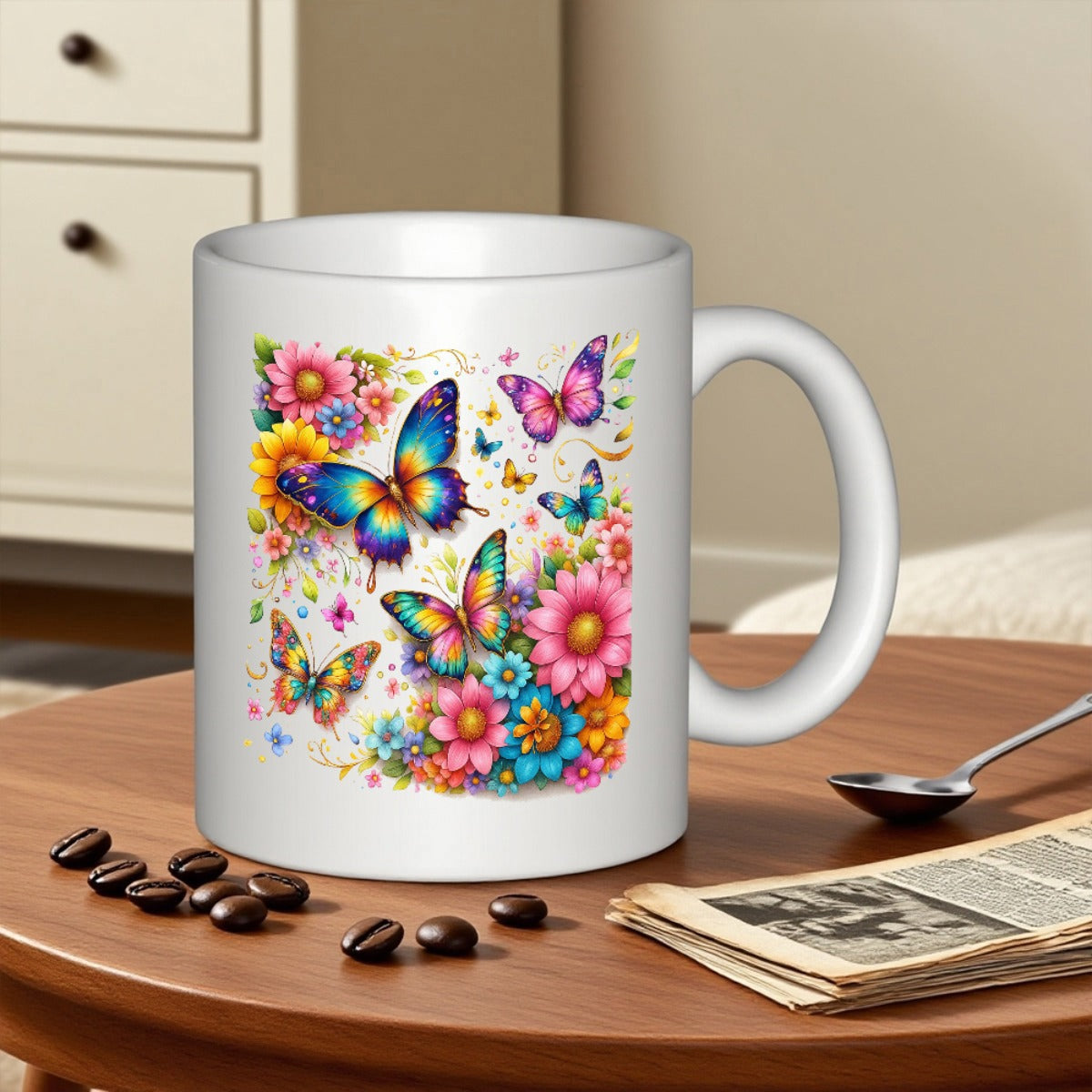 Tailorly White Ceramic 11 oz Mug - Vibrant Colorful Garden Flowers With Flying Wings Under Bright Sunlight Butterfly