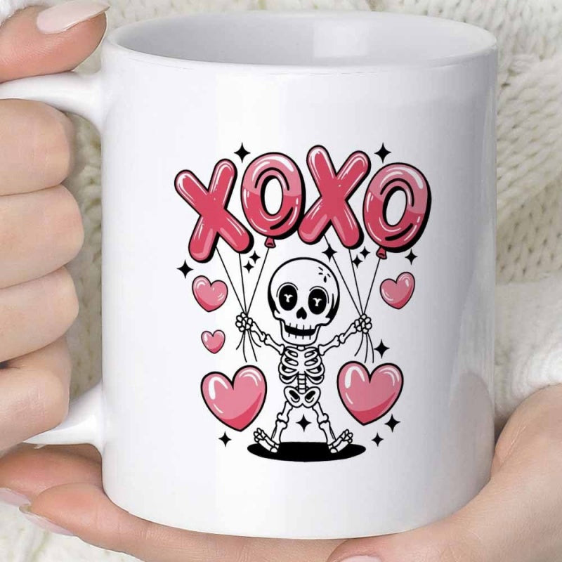 Tailorly White Ceramic 11 oz Mug - Xoxo Adorable Skeleton Holding Pink Balloon Letters Surrounded By Sweet Hearts Skeleton