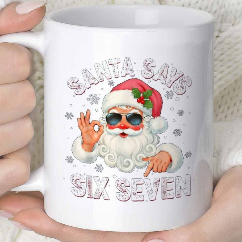 Tailorly White Ceramic 11 oz Mug - Santa Says Six Seven Festive Santa Wearing Cool Sunglasses Among Delicate Winter Snowflakes Santa
