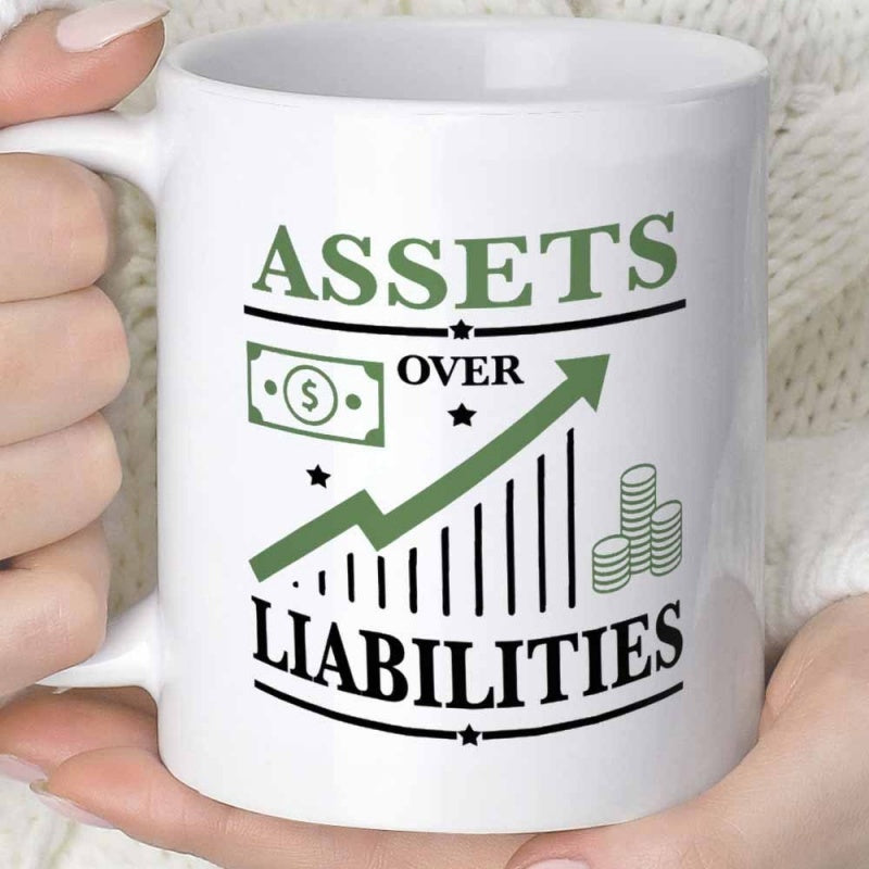 Tailorly White Ceramic 11 oz Mug - Assets Over Liabilities Rising Green Arrow Over Stacks Of Coins And Financial Growth Chart Mug