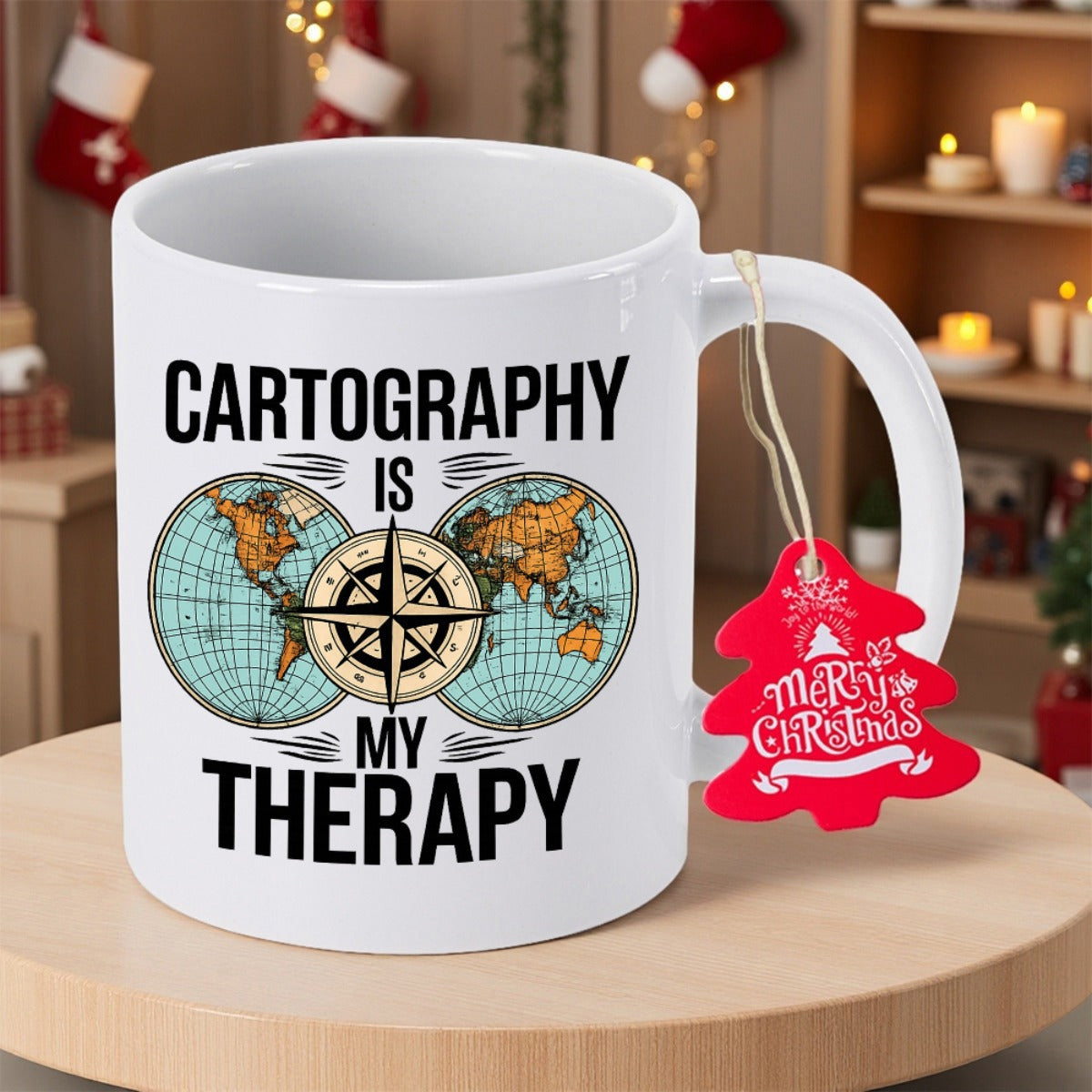 Tailorly White Ceramic 11 oz Mug - Cartography Is My Therapy Vintage Hemispheres Displaying Continental Landmasses And Central Nautical Compass Rose Map