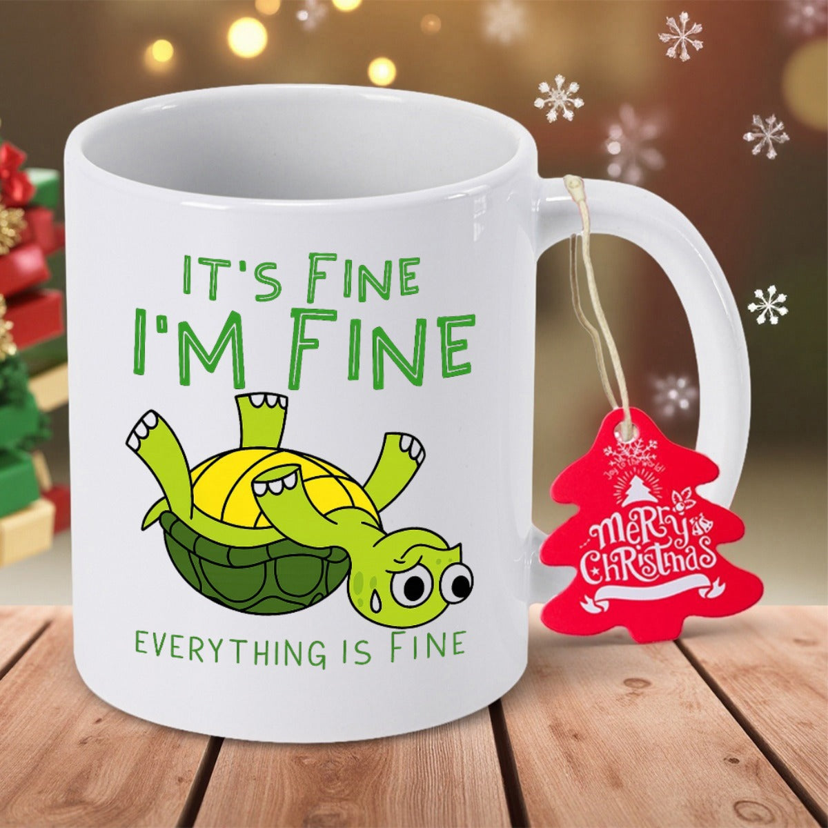 Tailorly White Ceramic 11 oz Mug - Its Fine Im Fine Everything Is Fine Cute Green Cartoon Reptile Lying On Its Back Turtle