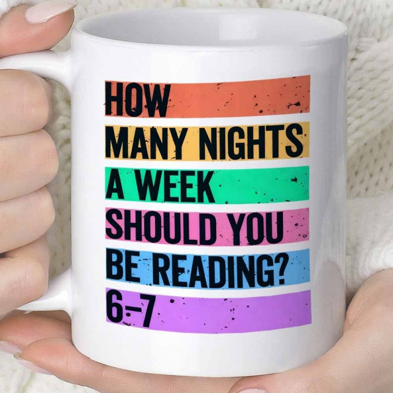 Tailorly White Ceramic 11 oz Mug - How Many Nights A Week Should You Be Reading 6 7 Six Colorful Distressed Horizontal Stripes With Vintage Texture Mug