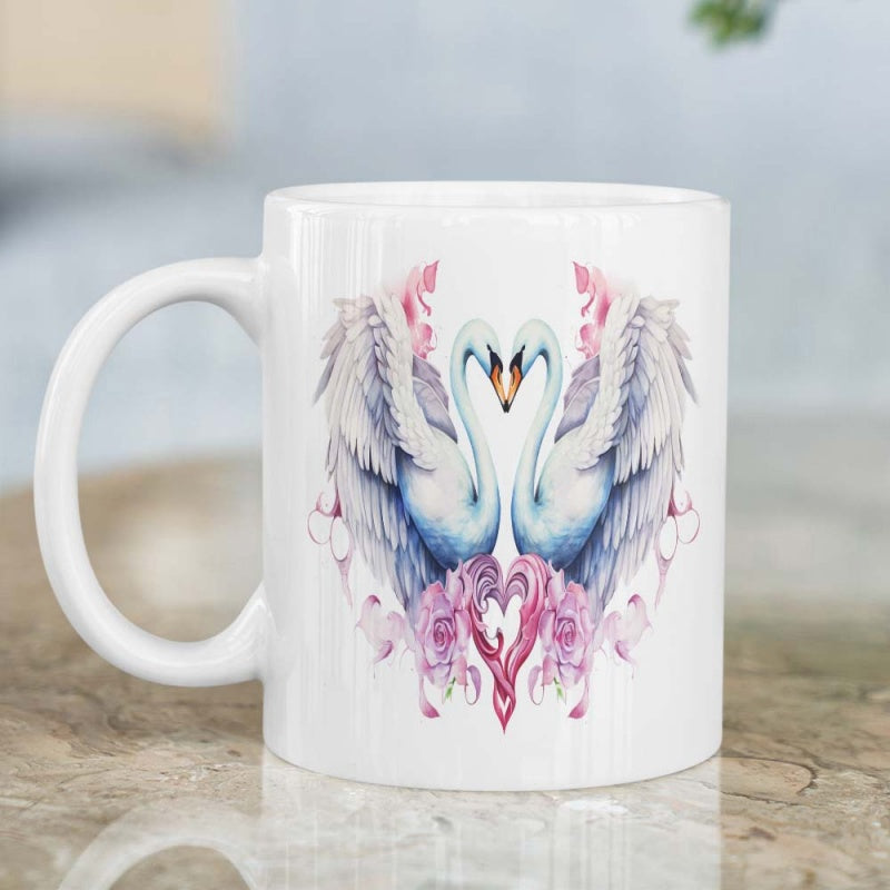 Tailorly White Ceramic 11 oz Mug - Elegant Graceful Pair Of Swans Forming A Heart Shape Among Floral Wings Swan