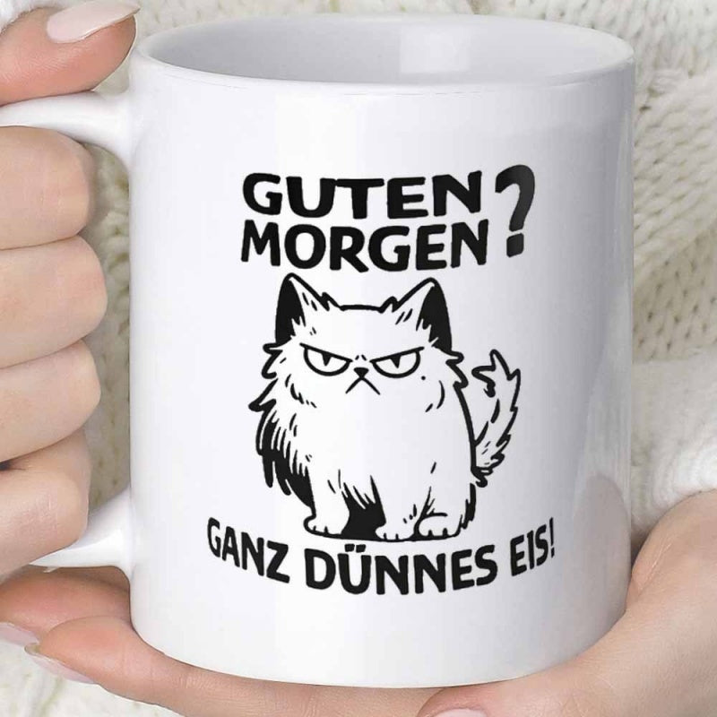 Tailorly White Ceramic 11 oz Mug - Grumpy Fluffy Feline Sitting With Angry Expression In Minimalist Line Art Cat