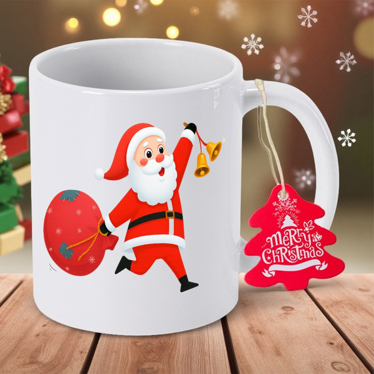 Tailorly White Ceramic 11 oz Mug - Merry Christmas Cheerful Festive Figure Running With Large Sack And Golden Bells Santa