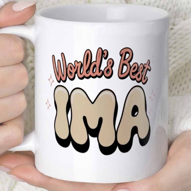 Tailorly White Ceramic 11 oz Mug - Worlds Best Ima Retro Bubbly Letters With Decorative Sparkles Floating Around Stylized Sign