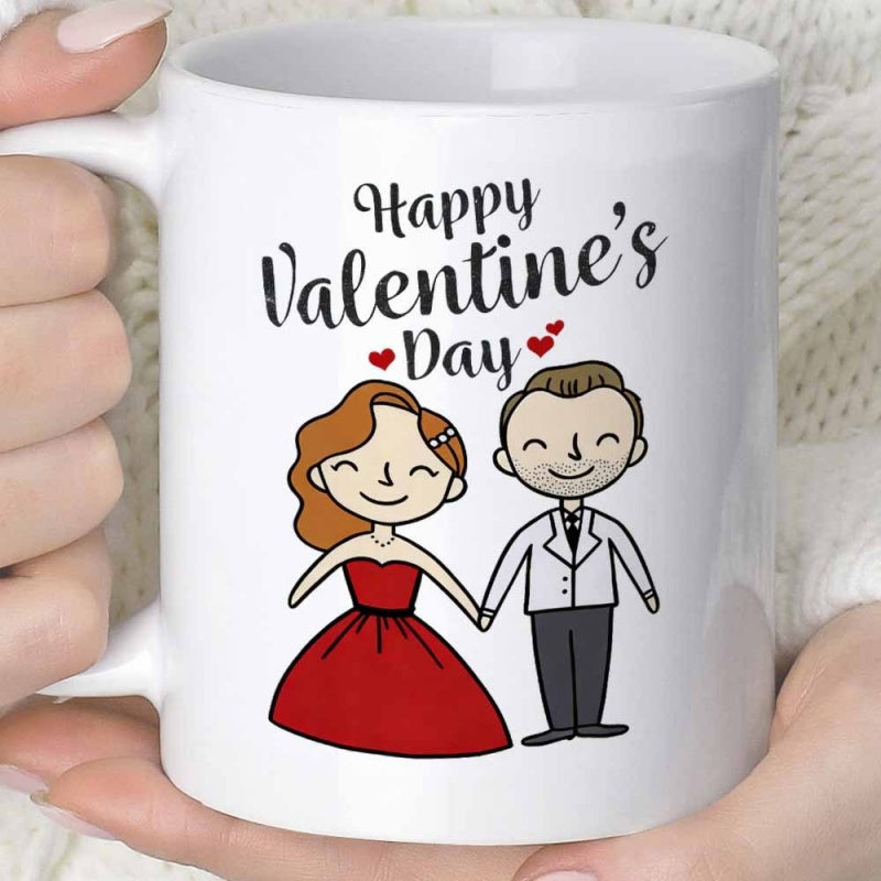 Tailorly White Ceramic 11 oz Mug - Happy Valentines Day Smiling Cartoon Couple Holding Hands Wearing Elegant Formal Attire Couple
