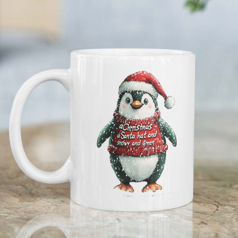 Tailorly White Ceramic 11 oz Mug - Christmas Santa Hat Snow Green Adorable Festive Bird Wearing Red Knit Sweater And Hat Penguin