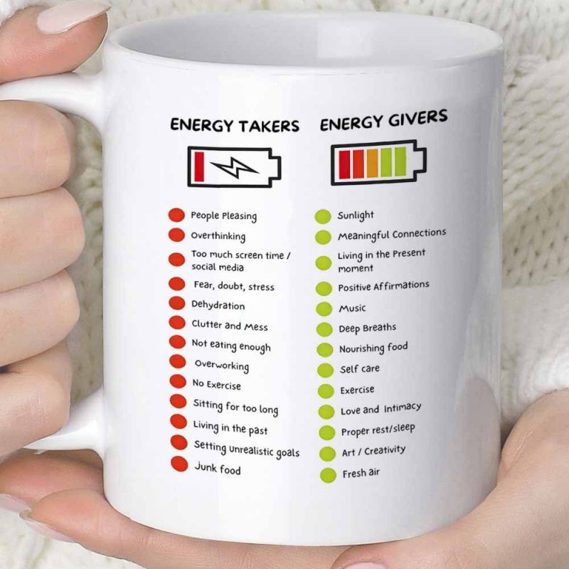 Tailorly White Ceramic 11 oz Mug - Energy Takers Energy Givers Comparative List Of Mental Wellness Choices Shown With Depleted And Charged Battery Infographic