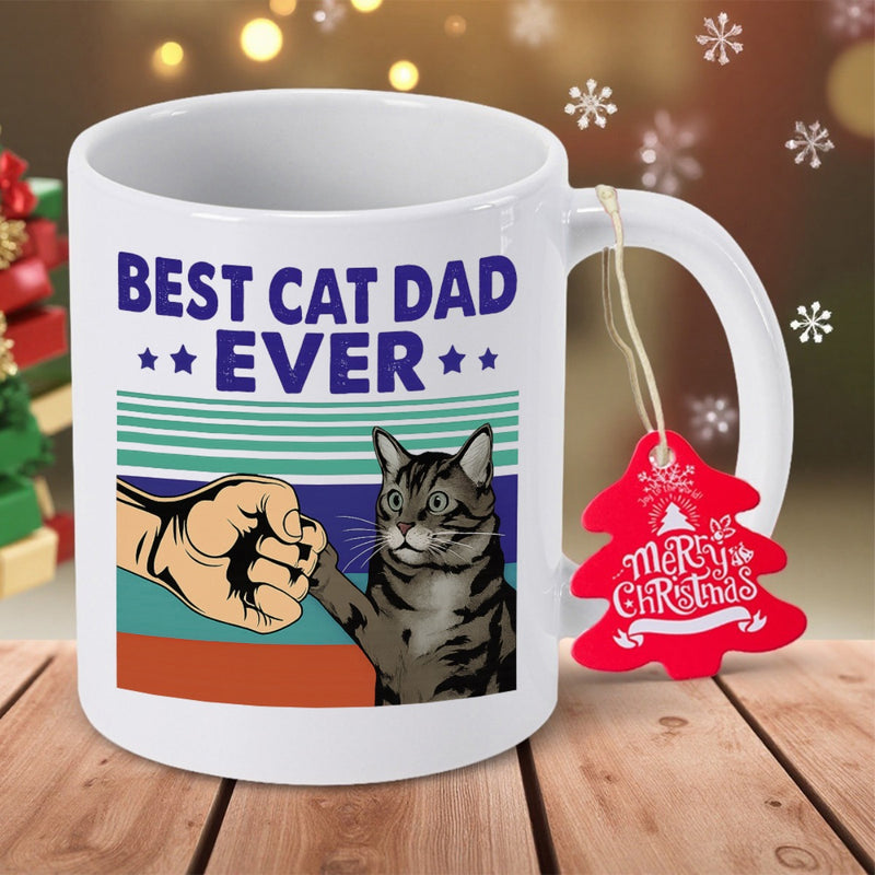 Tailorly White Ceramic 11 oz Mug - Best Cat Dad Ever Retro Sunset Background With Tabby Cat Doing High Five Fist Bump Cat