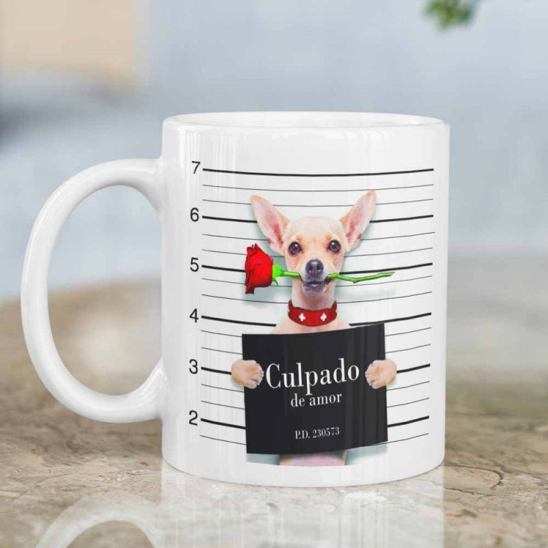 Tailorly White Ceramic 11 oz Mug - Cute Tiny Chihuahua Holding A Red Rose In Front Of Police Mugshot Dog