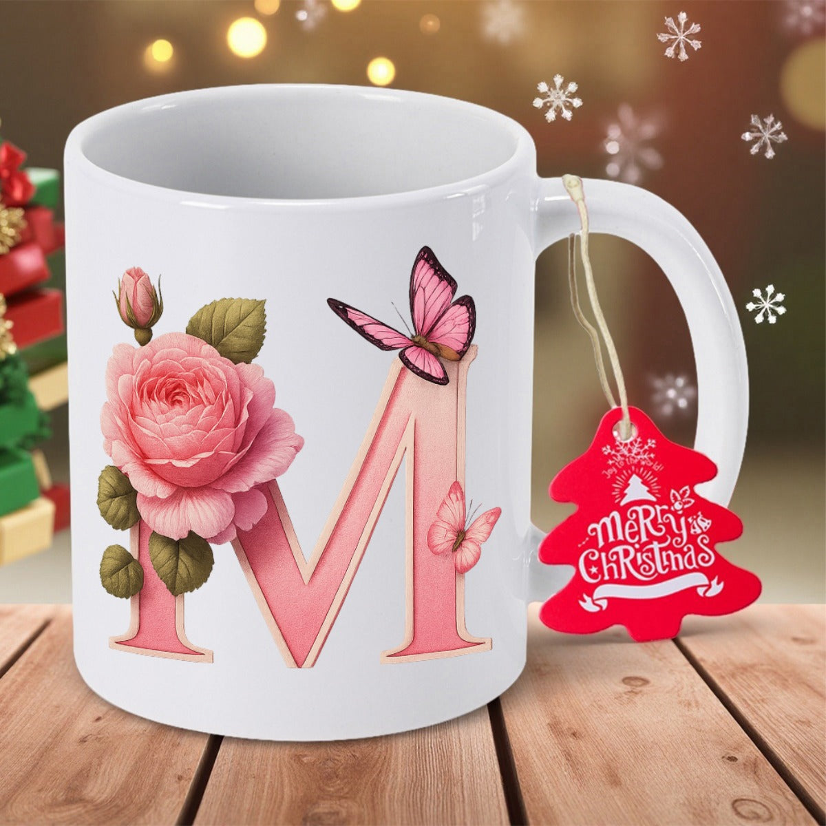 Tailorly White Ceramic 11 oz Mug - Merry Christmas Elegant Pink Rose And Delicate Butterflies Decorating A Large Serif Letter Mug