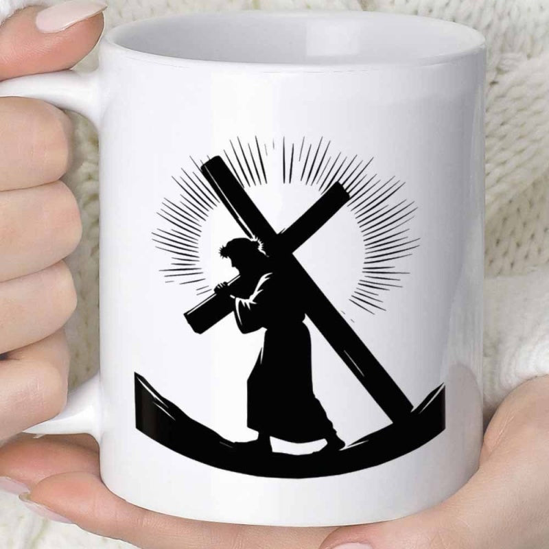 Tailorly White Ceramic 11 oz Mug - Black Silhouette Carrying A Heavy Wooden Cross Under Radiant Sun Rays Jesus