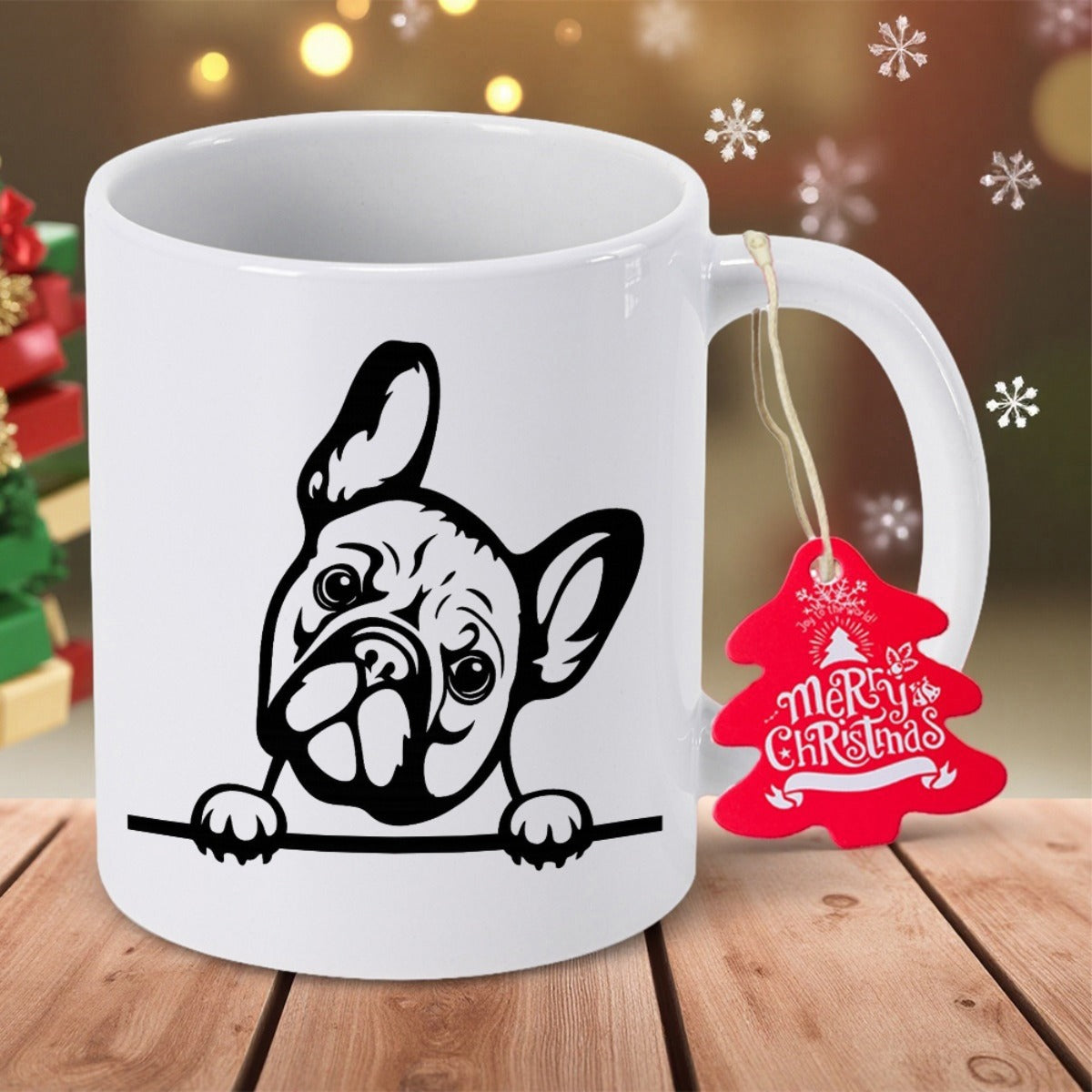 Tailorly White Ceramic 11 oz Mug - Merry Christmas Minimalist Black Line Art Peeking Over Edge With Cute Paws French Bulldog