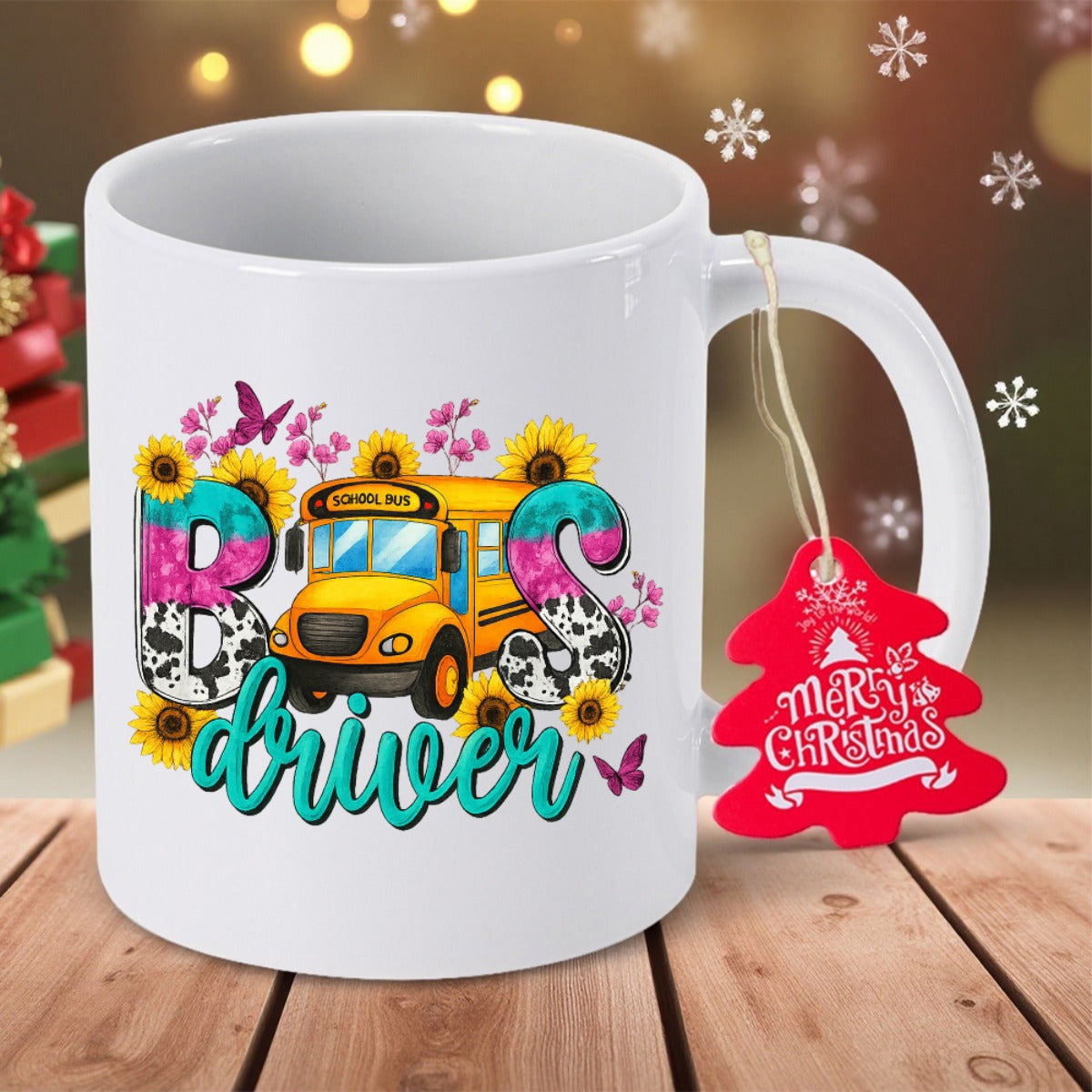 Tailorly White Ceramic 11 oz Mug - Bus Driver Vibrant Yellow School Bus Surrounded By Sunflowers And Flying Purple Butterflies Bus