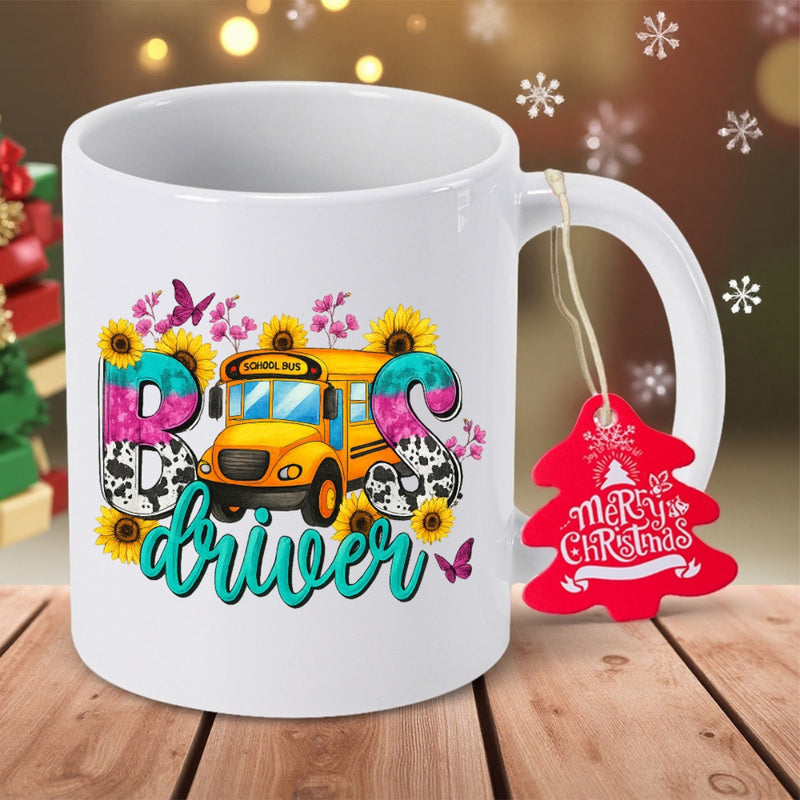 Tailorly White Ceramic 11 oz Mug - Bus Driver Vibrant Yellow School Bus Surrounded By Sunflowers And Flying Purple Butterflies Bus