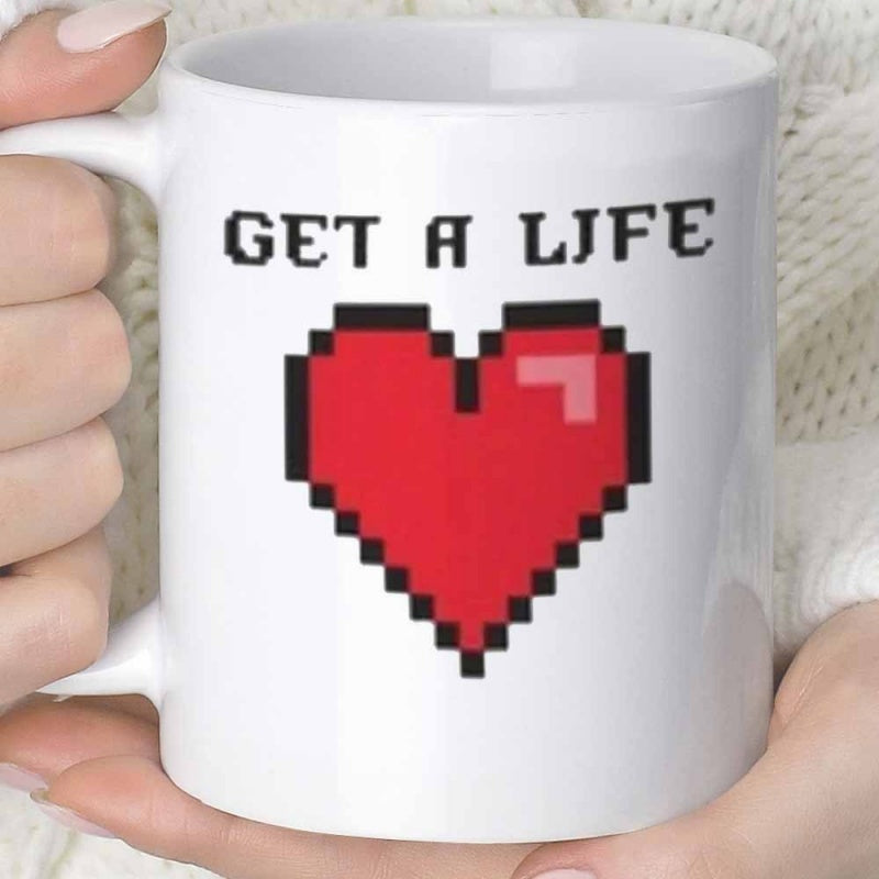 Tailorly White Ceramic 11 oz Mug - Get A Life Retro Red Pixelated Gaming Icon Representing Health And Love Heart