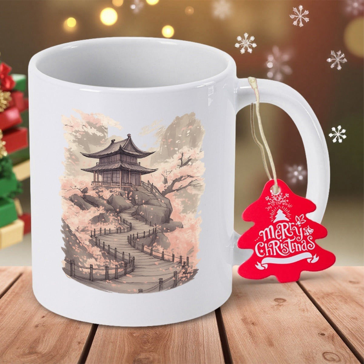 Tailorly White Ceramic 11 oz Mug - Merry Christmas Serene Ancient Temple With Blossoms Beside A Winding Stone Path Pagoda