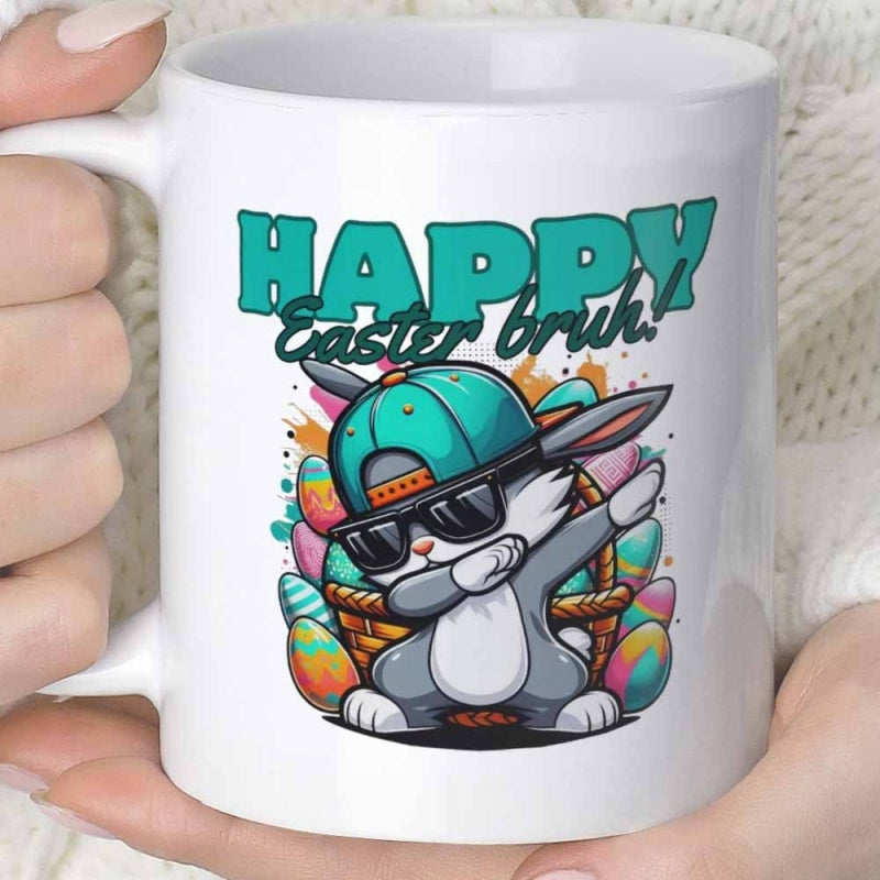 Tailorly White Ceramic 11 oz Mug - Happy Easter Bruh Vibrant Dabbing Character Surrounded By Decorative Patterned Eggs In A Basket Rabbit
