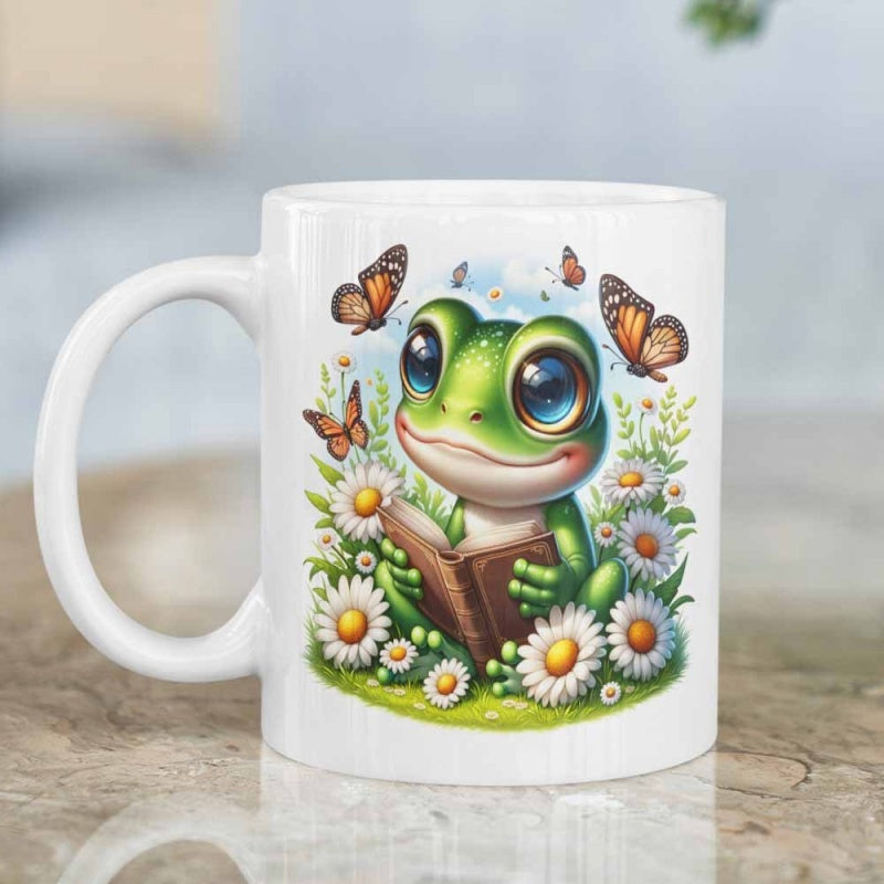 Tailorly White Ceramic 11 oz Mug - Adorable Small Green Animal Reading A Book Among Blooming Spring Daisy Frog