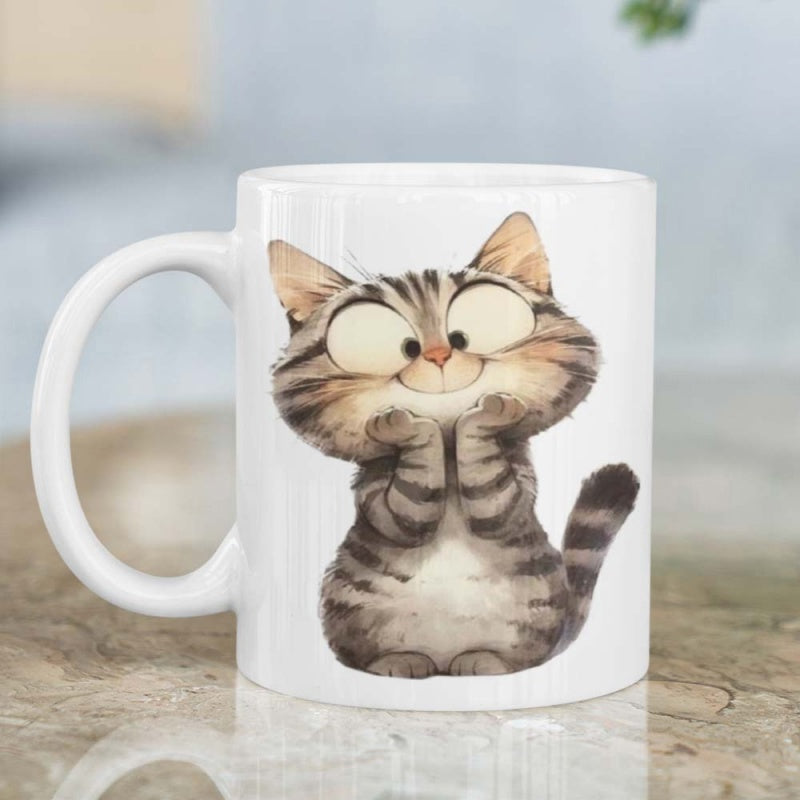 Tailorly White Ceramic 11 oz Mug - Adorable Striped Tabby With Large Expressive Eyes And Playful Pose Cat