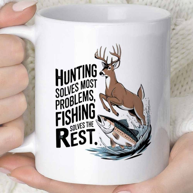 Tailorly White Ceramic 11 oz Mug - Hunting Solves Most Problems Fishing Solves The Rest Jumping Buck And Leaping Fish Emerging From Water Splashes Deer