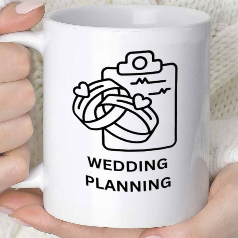Tailorly White Ceramic 11 oz Mug - Wedding Planning Minimalist Line Art Featuring Interlocking Rings Beside A Heartbeat Clipboard Illustration