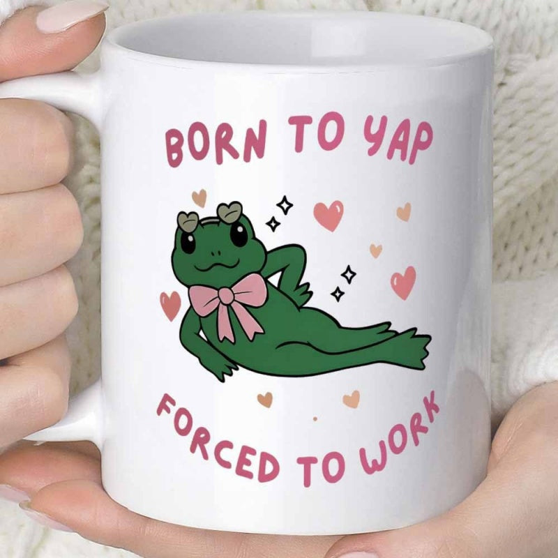 Tailorly White Ceramic 11 oz Mug - Born To Yap Forced To Work Lazy Green Cartoon Frog With Pink Ribbon And Decorative Tiny Hearts Frog
