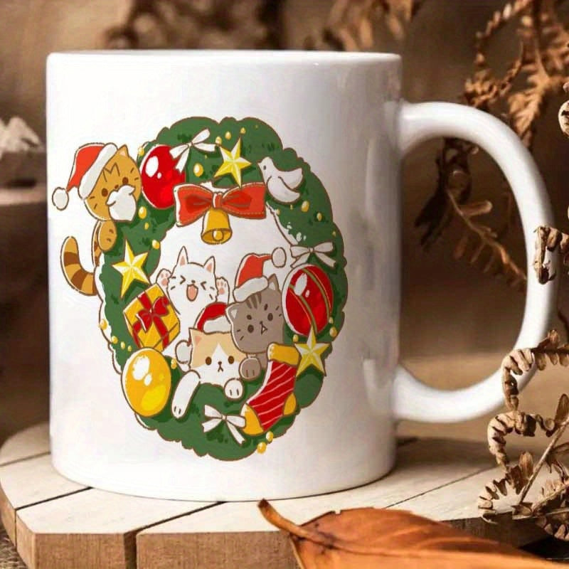 Tailorly White Ceramic 11 oz Mug - Adorable Festive Kittens Peeking From A Decorative Green Holiday Christmas Wreath