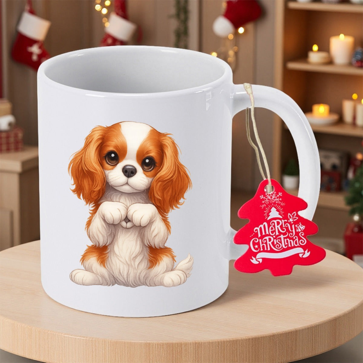 Tailorly White Ceramic 11 oz Mug - Merry Christmas Adorable Cavalier King Charles Spaniel Sitting With Paws Up In Festive Atmosphere Puppy