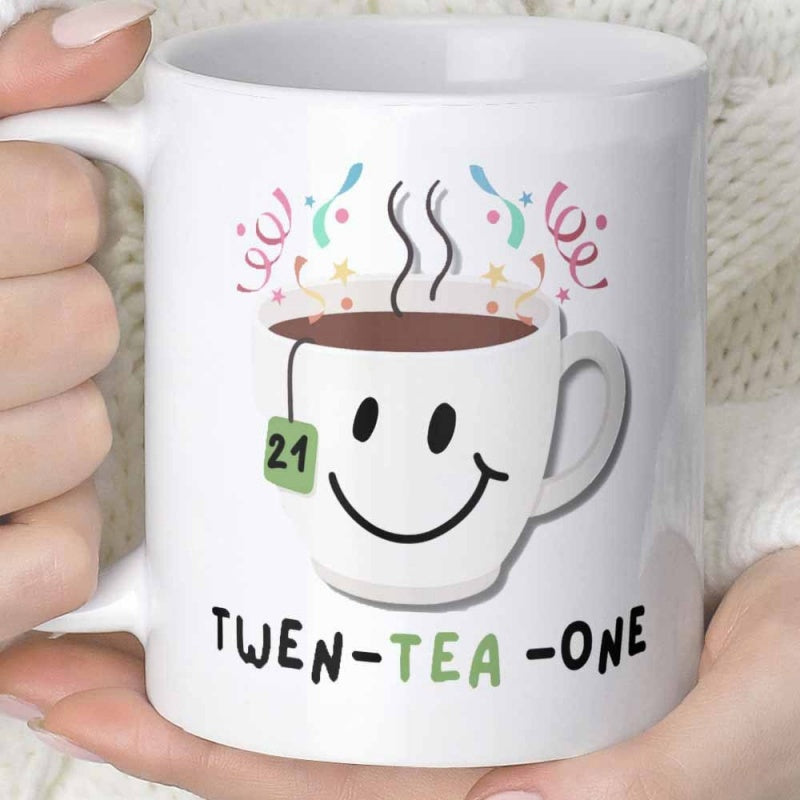 Tailorly White Ceramic 11 oz Mug - Twen Tea One Smiling White Teacup Surrounded By Festive Colorful Confetti And Rising Steam Teacup
