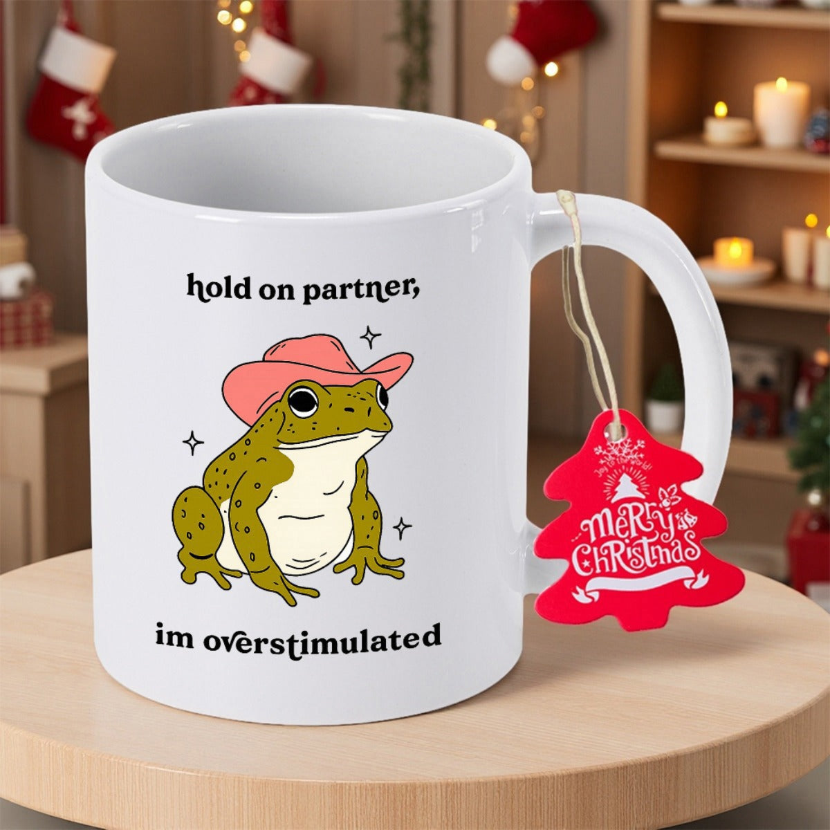 Tailorly White Ceramic 11 oz Mug - Hold On Partner Im Overstimulated Charming Green Frog Wearing A Pink Cowboy Hat Toad