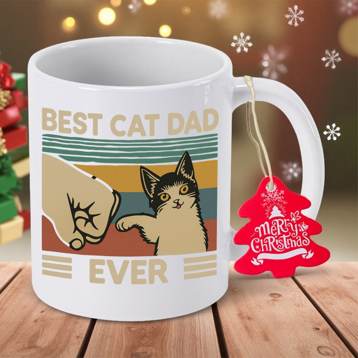 Tailorly White Ceramic 11 oz Mug - Best Cat Dad Ever Retro Sunset Background With Human Fist Bumping A Cute Calico Cat