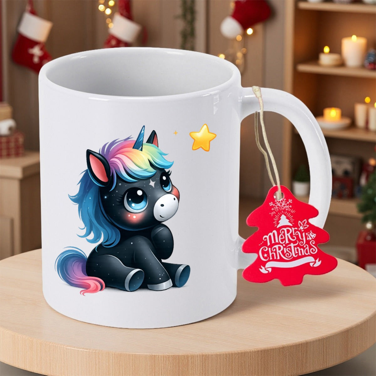 Tailorly White Ceramic 11 oz Mug - Merry Christmas Adorable Small Dark Unicorn With Rainbow Mane Sitting Peacefully Near Star Unicorn