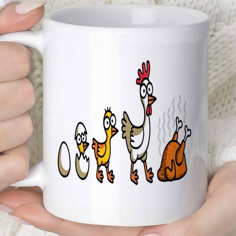 Tailorly White Ceramic 11 oz Mug - Funny Humorous Evolution Graphic Showing Lifecycle From Egg To Roasted Cooked Chicken