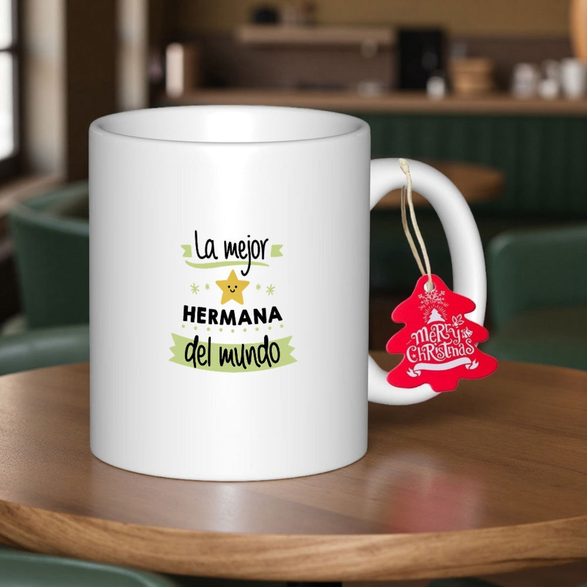 Tailorly White Ceramic 11 oz Mug - Merry Christmas Elegant With Smiling Star And Green Leaf Banner Mug