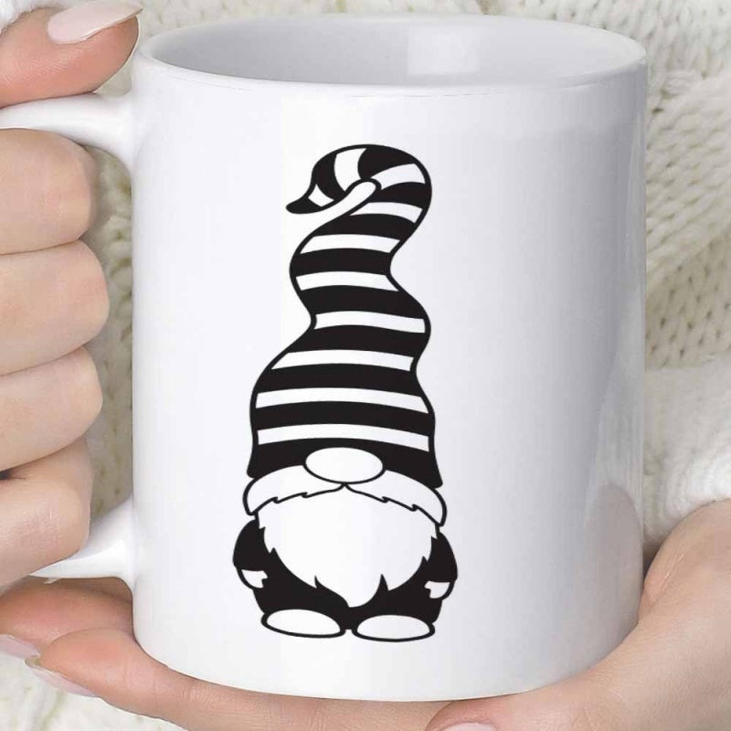 Tailorly White Ceramic 11 oz Mug - Minimalist Scandinavian Folklore Figure Featuring A Tall Striped Hat Majestic Gnome