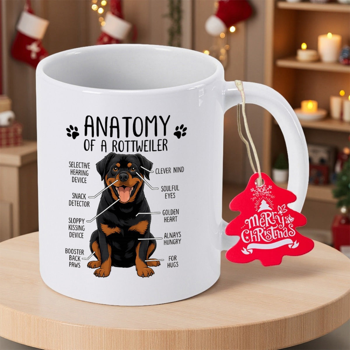 Tailorly White Ceramic 11 oz Mug - Anatomy Of A Rottweiler Faithful Sitting Dog With Humorous Anatomical Labels And Tiny Paw Prints Rottweiler